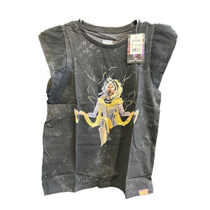 Marvel Artist Series Storm Girls Top- XL 14- Black Gold Ruffle Sleeve- NWT